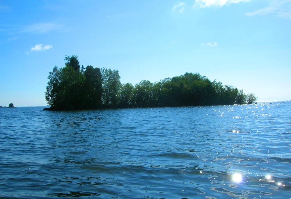 A small wooded island on Lac la Ronge under a wide grey sky, the water flat and pale, northern Saskatchewan