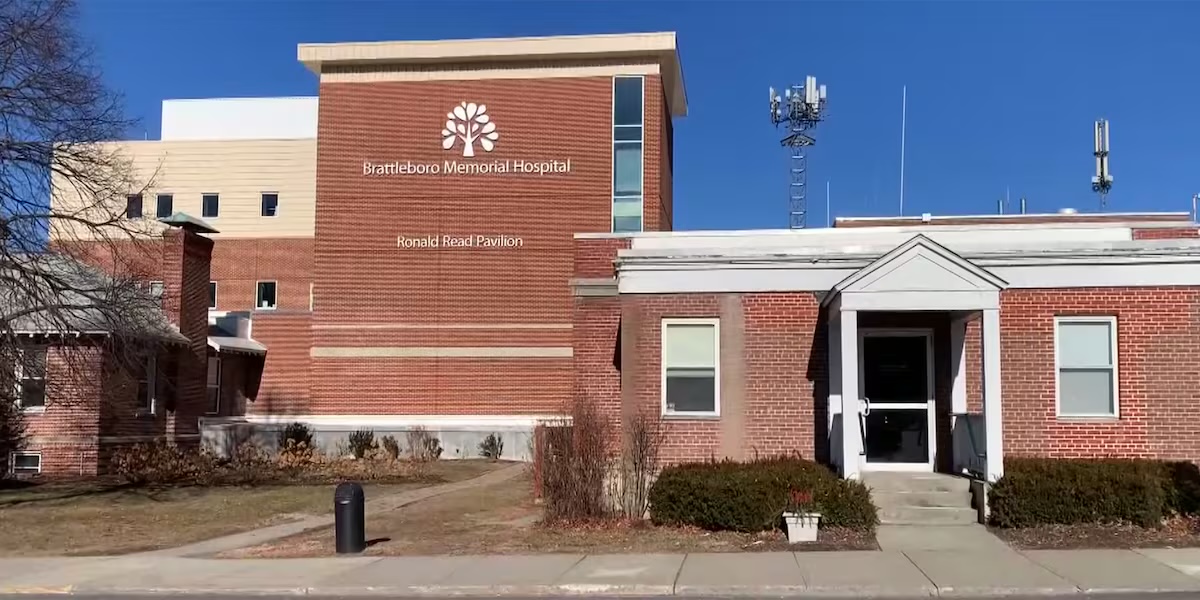 The brick front of Brattleboro Memorial Hospital, with the words Ronald Read Pavilion on the wall.