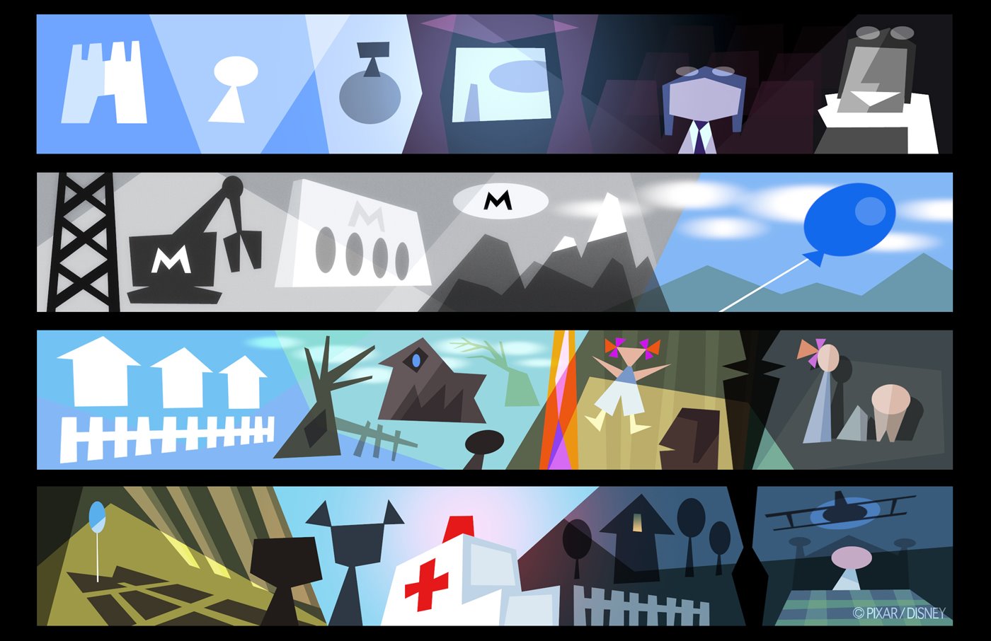 The first-pass abstract colour script for Act I: four horizontal strips of flat vector shapes, a blue castle, a grey newsreel, a green suburb and a dark hospital, with no detail in any of them.