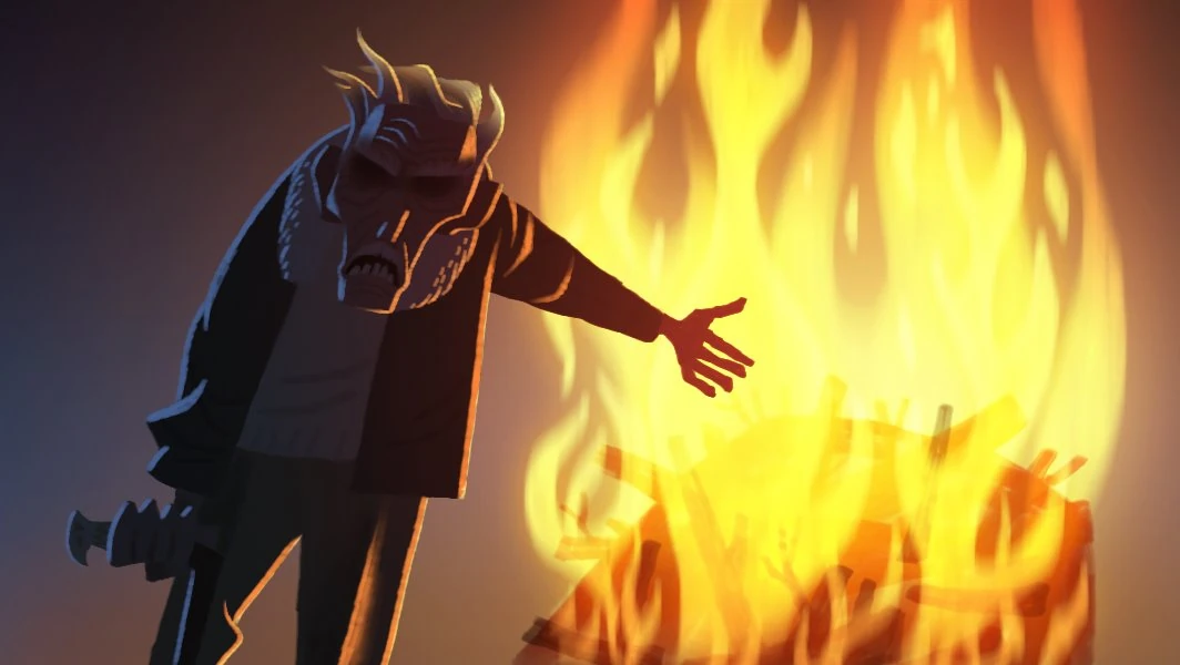 Painting 107: a man in a long coat lit from behind by a wall of flame, the frame orange and yellow.