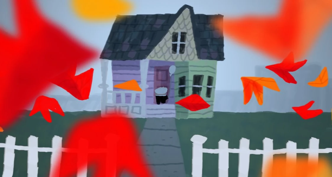 Painting 47: red and orange autumn leaves blowing across the front of Carl's house behind its white picket fence.
