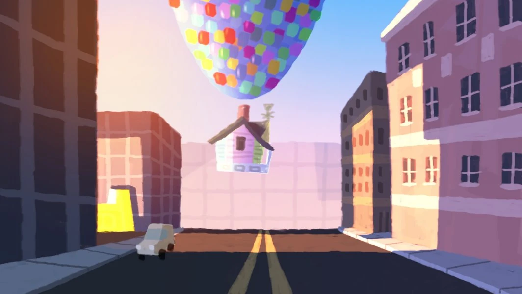 Painting 63 of the house under its balloons.