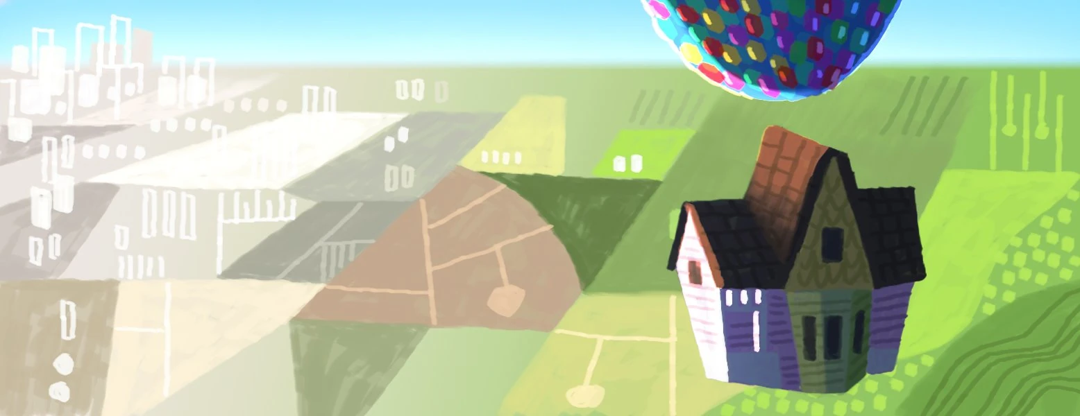 Painting 64 of the house under its balloons.