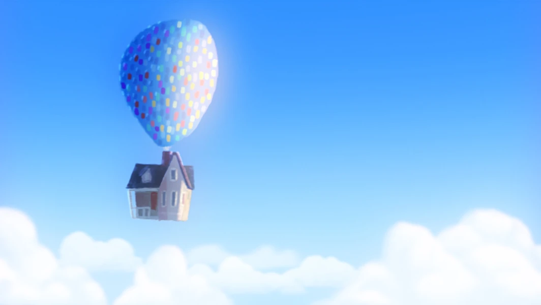 Painting 65 of the house under its balloons.