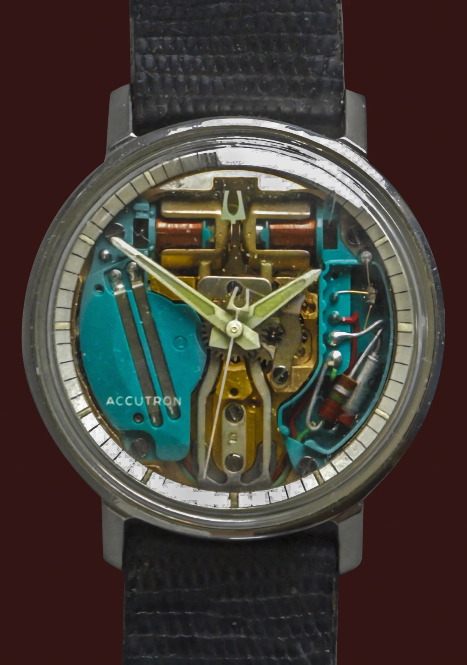 A Bulova Accutron with its tuning fork movement visible