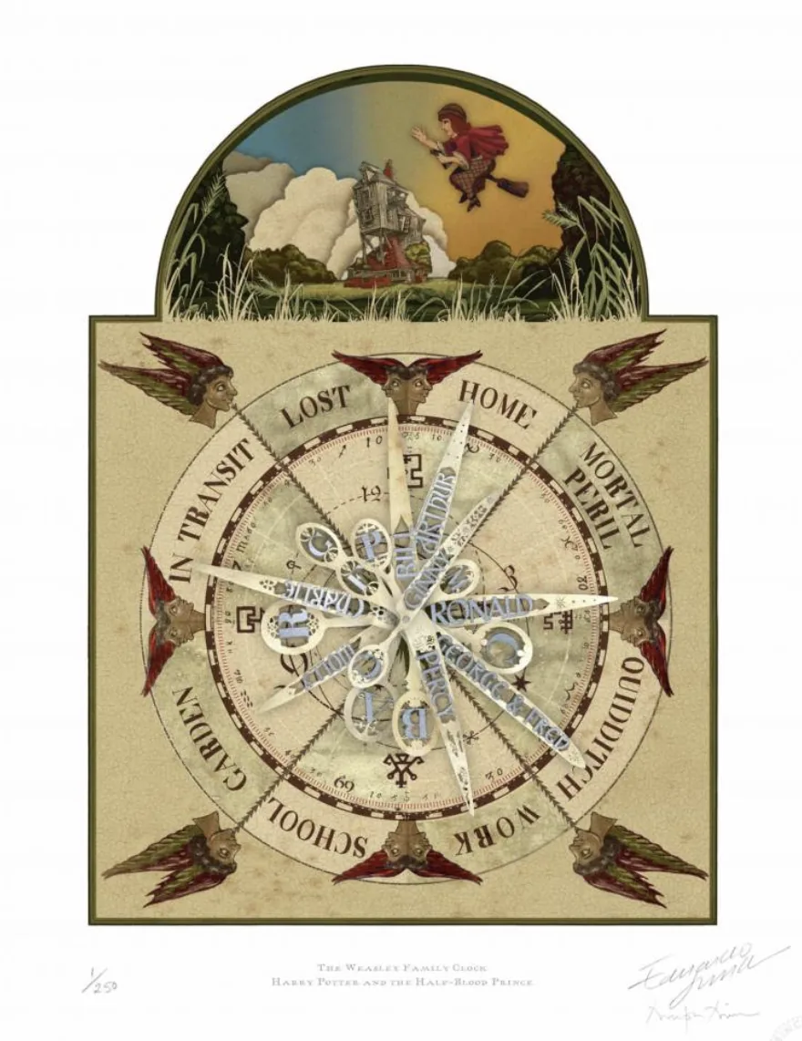 The Weasley family clock, as designed by MinaLima for Harry Potter and the Half-Blood Prince.