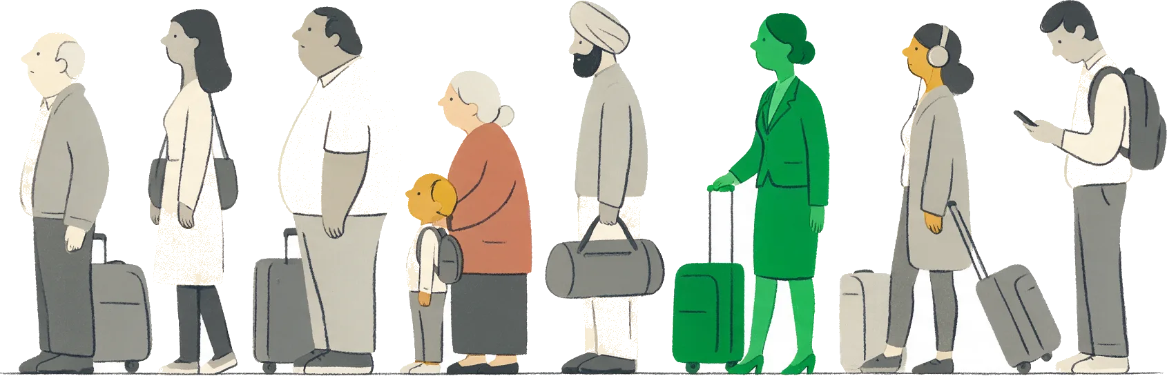 a single-file queue of airline passengers, one dressed in green