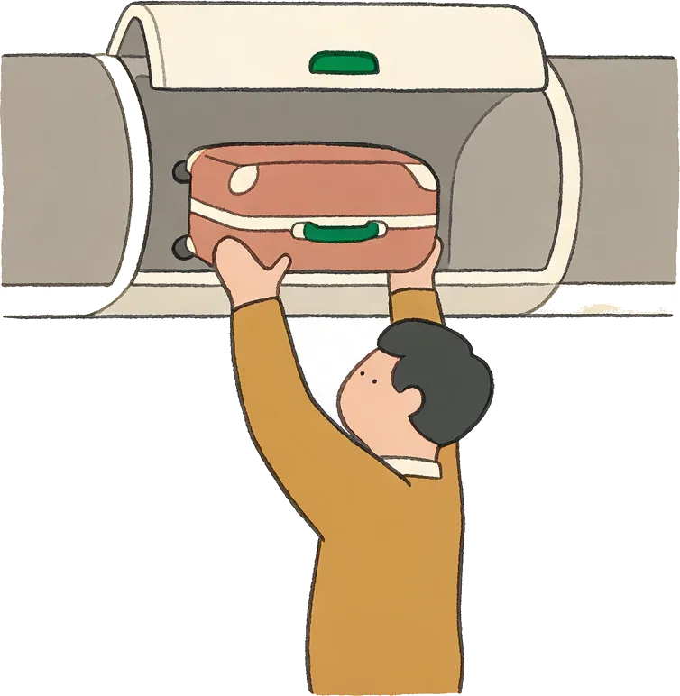 a passenger lifting a bag into an overhead bin