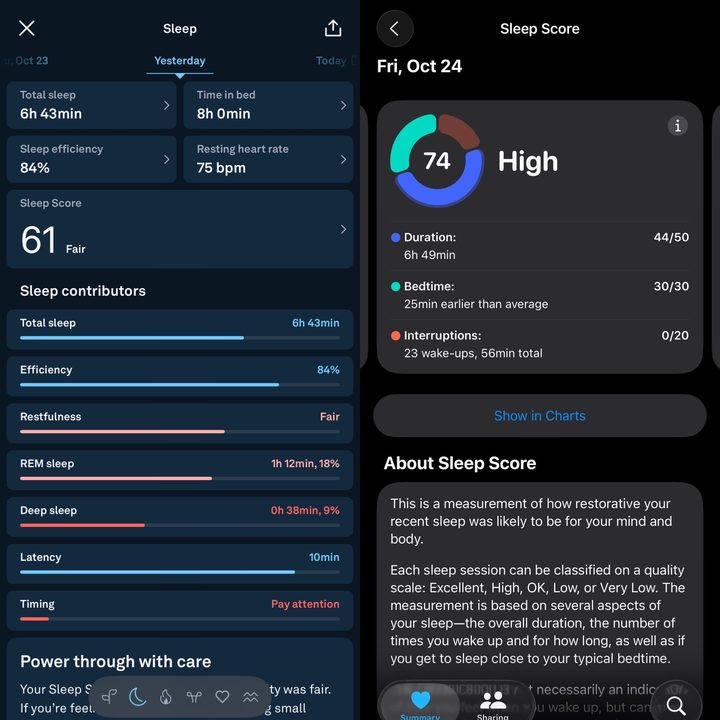 Oura sleep score 61 next to Apple sleep score 74 for the same night.