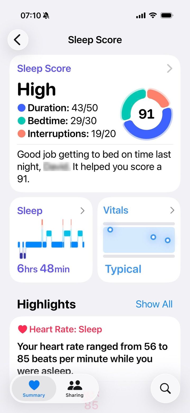 Apple Sleep Score 91, High.