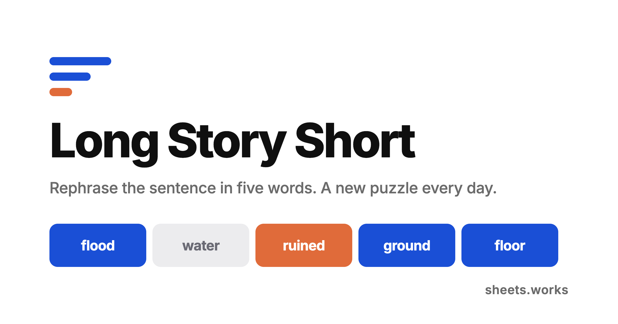Long Story Short, a daily word game where you rephrase a 12-word sentence in exactly 5 of its words logo